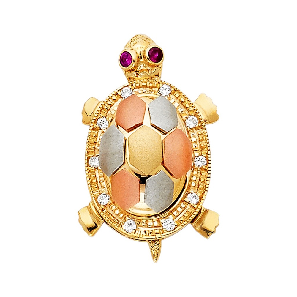 14K Tri Color CZ Turtle Pendant